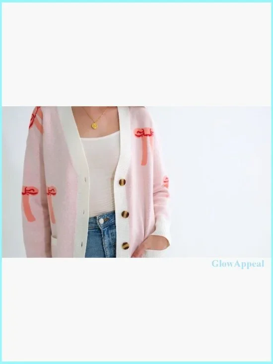 Oversized V-Neck Cardigan Sweater with Bow Print, Loose Knit, Button Front - Picture 7 of 7